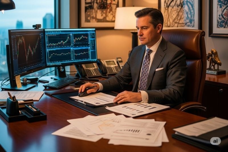 Executive analysing financial reports and charts, representing key contrasts in prop trading vs hedge fund.