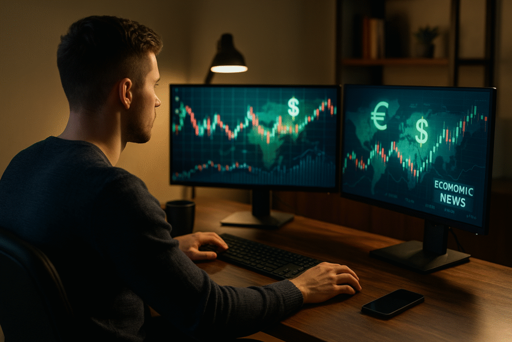 Trader analysing currency charts on dual monitors, illustrating forex terminology concepts