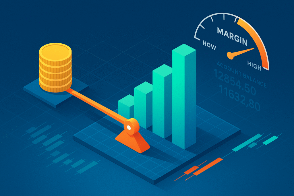 Forex terminology graphic: leverage seesaw, margin gauge, coins, and rising bar chart.