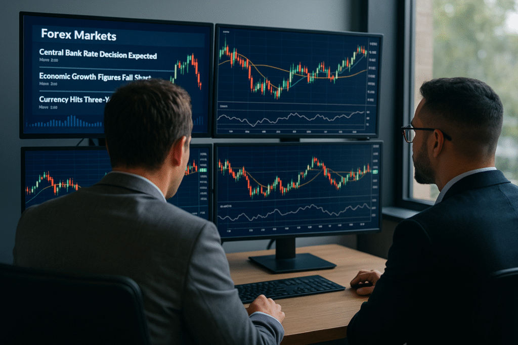 Two traders review charts and news across monitors, demonstrating forex terminology in practice
