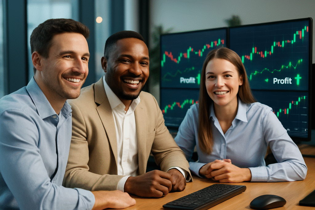 Smiling traders discuss forex terminology with profit candlestick charts on monitors.