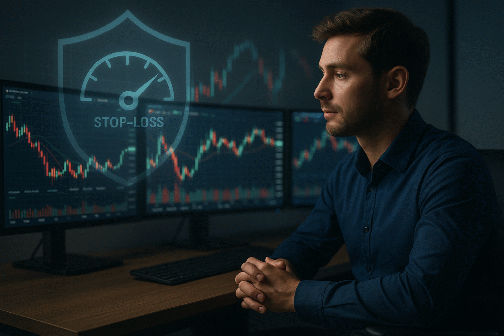Trader analysing charts, highlighting forex terminology: stop-loss orders and risk management