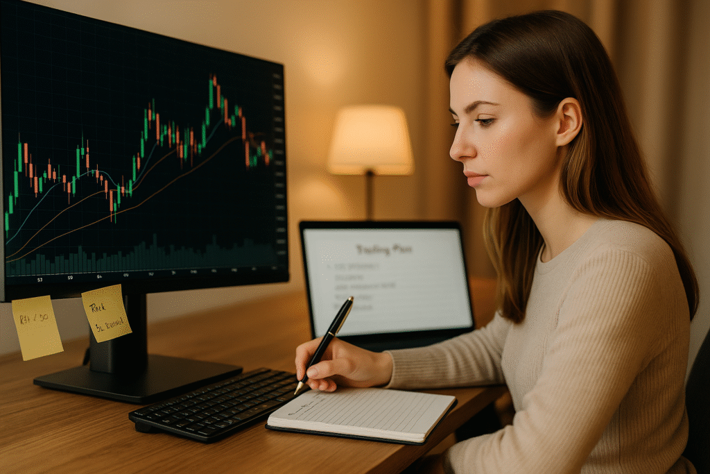 Trader reviewing candlestick charts and writing forex trading tips at home desk.