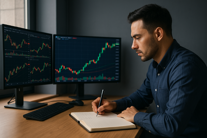 man analyzing candlestick charts, taking notes.