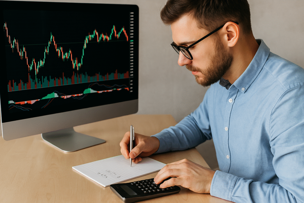 How to pass prop firm challenge: trader using calculator, notes, and candlestick charts.